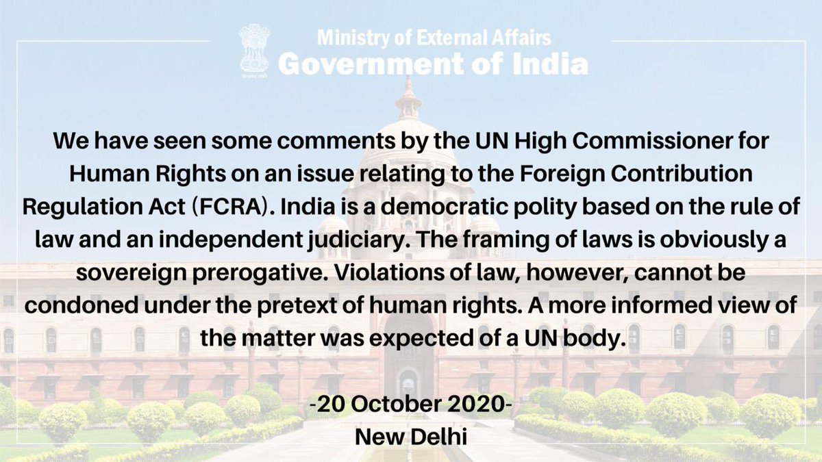 Read our statement on comments by UN High Commissioner for Human Rights on an issue related to Foreign Contribution Regulation Act (FCRA). https://t.co/uPsMhktzJt