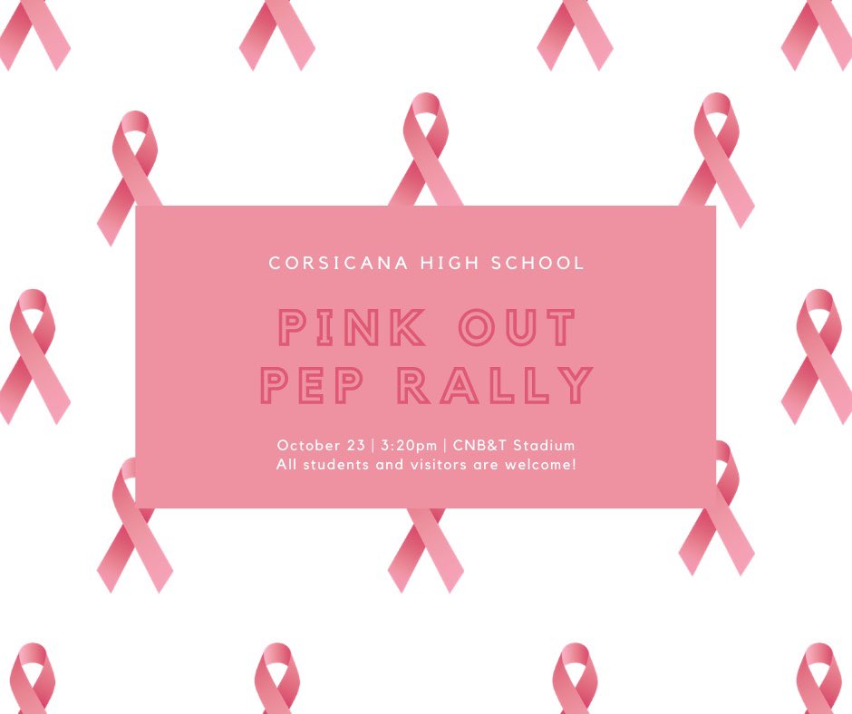 IT’S GAME WEEK!!! We will be holding our annual Pink Out pep rally in support of Breast Cancer Awareness this Friday, October 23rd! It will be held at the stadium and masks/social distancing will be required! Wear pink!!!! #TCC