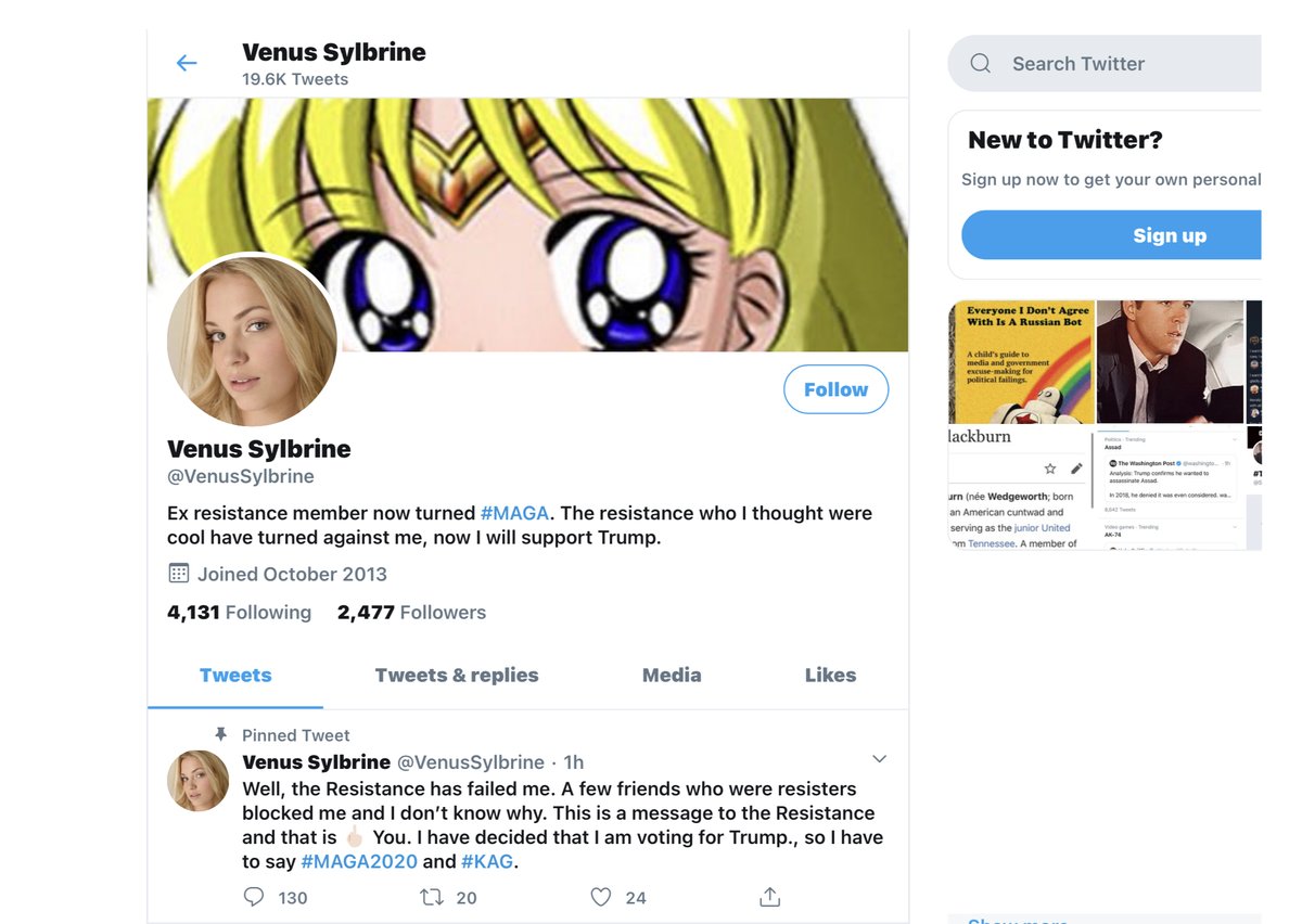 The  @VenusSylbrine account, which has since been deleted, unexpectedly turned from a  #resistance account to a pro-Trump  #MAGA account on October 16th, a few days back.  @file411 has a good thread here  #infoOps  #osint  #disinfo  #infosec  https://twitter.com/File411/status/1317243292069842945