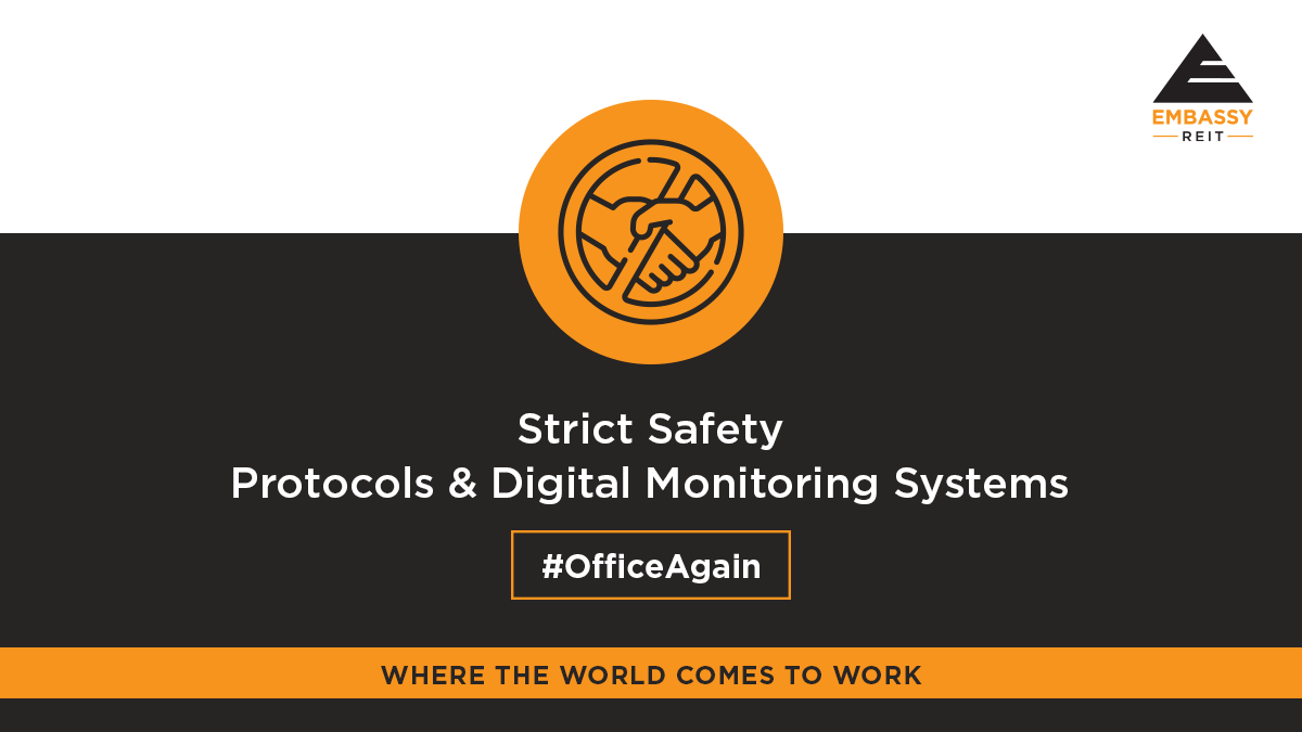 embassy_reit's tweet photo. We ensure the safety of every employee working within our premises through strict and systematic adherence to protocols. We employ the latest digital technology to enable safe and secure business continuity for all our clients. #OfficeAgain https://t.co/HLAQgbiziK