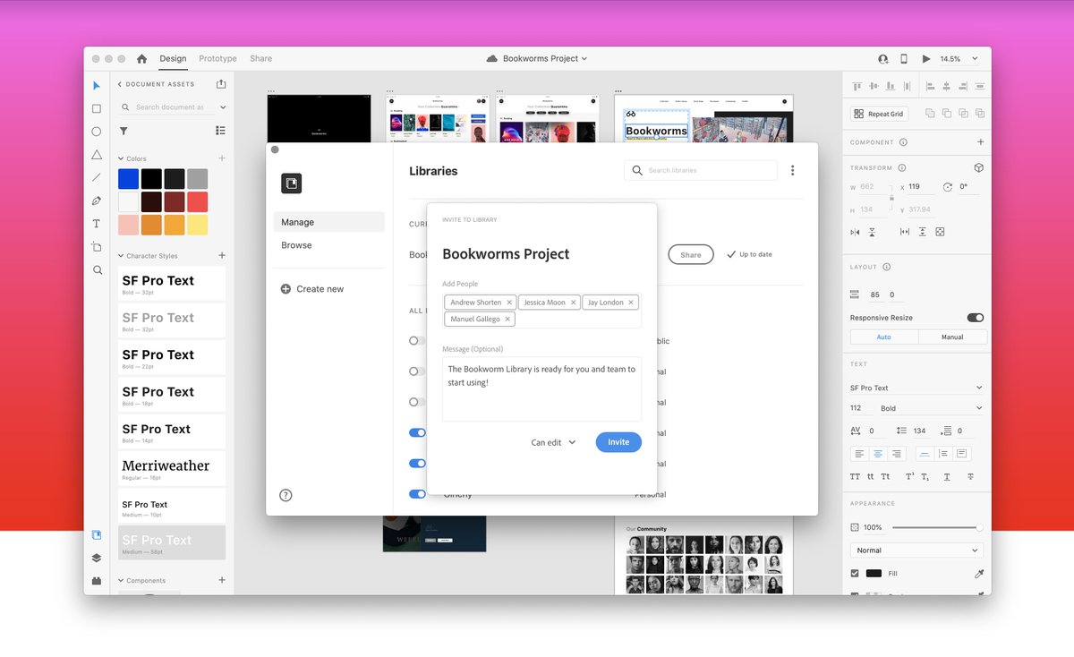 Creative Cloud Libraries  -  @AdobeXD (3/11)- Publish design systems in a single click. - Invite with robust permissions to edit and view - A creative system that works across Ps, Ai, XD and CC https://helpx.adobe.com/xd/user-guide.html/xd/help/design-systems.ug.html  #AdobeMAX2020  