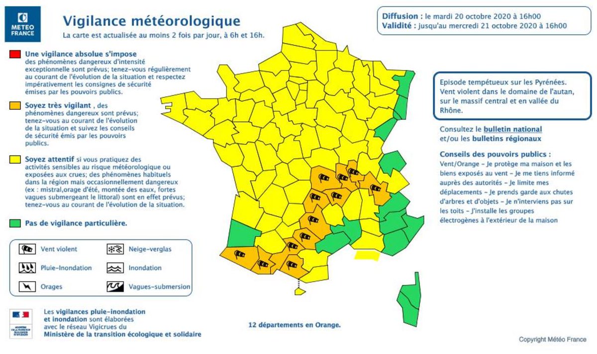 🇫🇷 FLASH - 12 #départements sont désormais en #alerteorange pour vents violents. (Météo France) #TempeteBarbara
