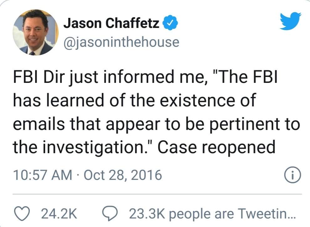 Webster69Dw's tweet photo. @MattGertz @brianbeutler That POS Chaffetz falsely tweeted the lie Comey had reopened the Hillary email hoax based on classified information days before the 2016 election, #Trump repeatedly repeated it and the rest is COVID history. 

Expect the lies to continue unabated. 

https://t.co/COxfIgMiHn https://t.co/79KDYtkZTl