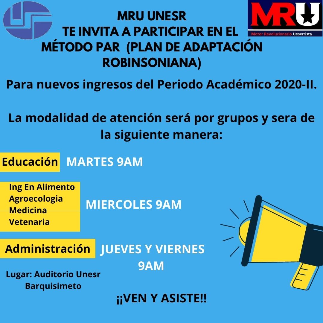 Buenos días, saludos compañeros y compañeras Nuevo Ingreso 2020-II, te invitamos a participar en el Método PAR
Cabe destacar que se atenderá por grupos, como esta en la imagen,  para cuidarnos todos del Covid-19.
Ven Te esperamos!!