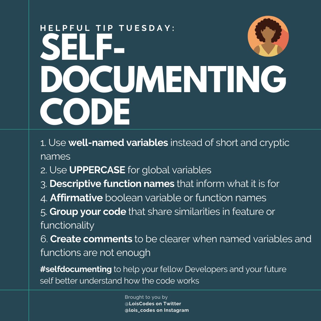 Loiscodes's tweet photo. Self-documenting code can help other Developers and your future self understand the codebase faster
#helpfultipstuesday #selfdocumenting #webdev #hacktoberfest2020 #hacktoberfest #loiscodes #shecodes @shewhocodes #codenewbie #ladyprogrammer https://t.co/2c2k1qqWDZ