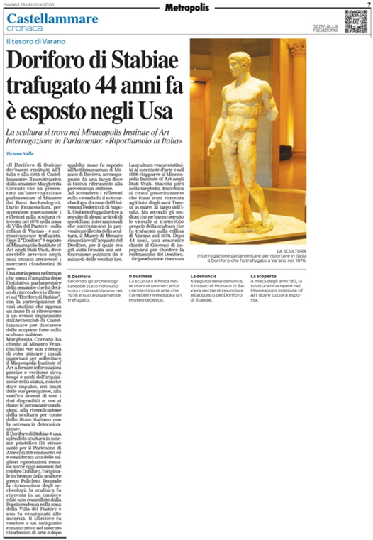 mariarosariaFo8's tweet photo. Il Doriforo di Stabiae:  trafugata nella notte subito dopo il ritrovamento e appena qualche ora prima che arrivasse la soprintendenza. Periodicamente appare. Ora è negli Stati Uniti. @dariofrance  contiamo su di Lei perchè al più presto venga riconsegnata al Museo di Stabiae https://t.co/yEjNMGbGb6