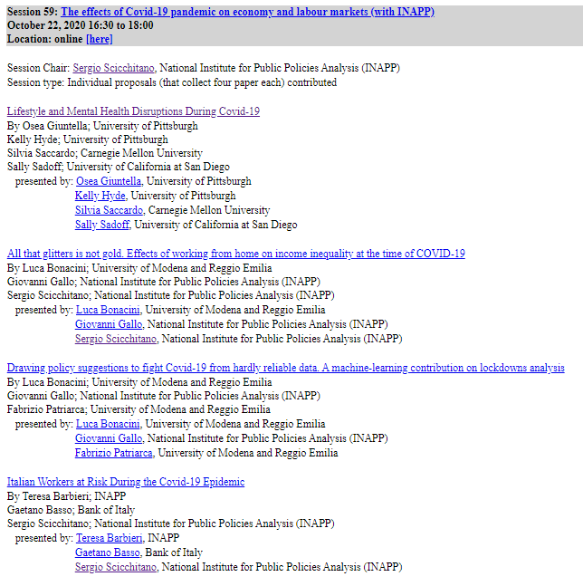 Lieto di esser riuscito a organizzare e di coordinare la sessione special @inapp_org alla prox riunione annuale @sieconomisti su 'The effects of #COVID19  #pandemic on #economy and #labour #markets'. I relatori @Osea82 da @PittEcon  L. Bonacini, G. Gallo insieme al sottoscritto