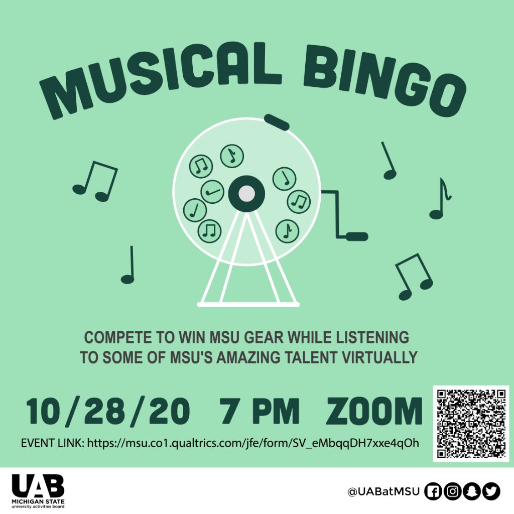 UABatMSU's tweet image. You asked for more Bingo, so here it is - with a twist. Hang out with us and compete to win MSU gear, while listening to some of MSU's amazing talent virtually. We can't wait to see you there!