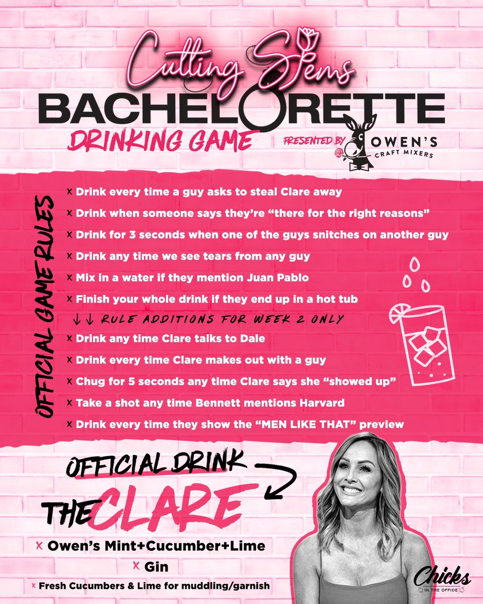 Chicks in the Office on Twitter: "OFFICIAL CUTTING STEMS BACHELORETTE  DRINKING GAME FOR WEEK 2!! Make sure to get your @OwensMixers so you can  drink along with us! https://t.co/nm211WSCfl" / Twitter