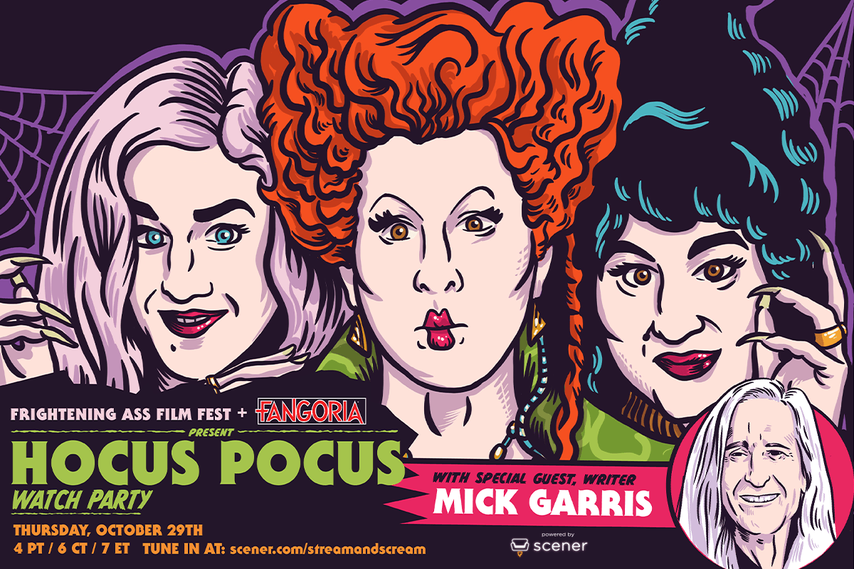 FANGORIA's tweet image. All Hallows Eve Eve Eve has become a night of frolic! Get ready to run amok with Fango and @chattfilmfest's #FrighteningAssFilmFest for a spooky HOCUS POCUS @scener watch party, featuring special guest @MickGarrisPM live! 

scener.com/streamandscream