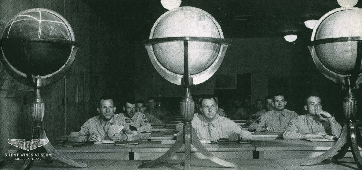 In preparation for flight training, student glider pilots took Ground School courses. Topics include: meteorology, navigation &amp; use chemical warfare protective equipment. These students at South Plains Army Air Field attended Navigation class between training flights.