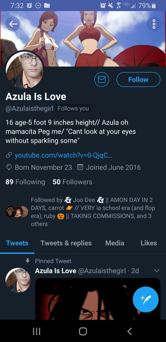 here's what his bio was- reminder that Azula is FOURTEEN and here he is talking about pegging in reference to a FOURTEEN year old.