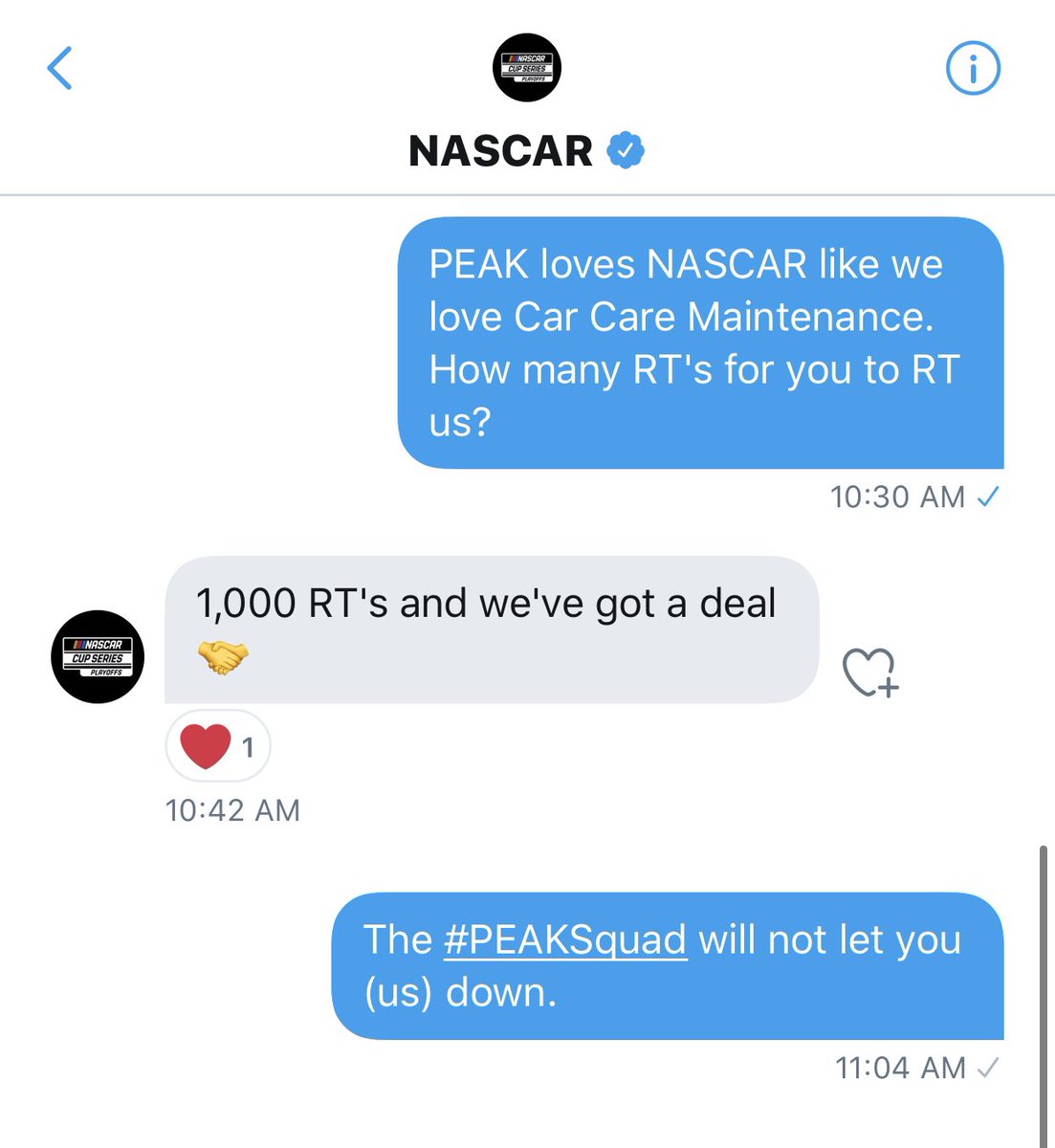 peakauto's tweet photo. Our time has come. Let's show @nascar how powerful the #PEAKSquad is. RT and tell your friends. 💙🙏💙🙏💙🙏 https://t.co/czJzvNv7qQ