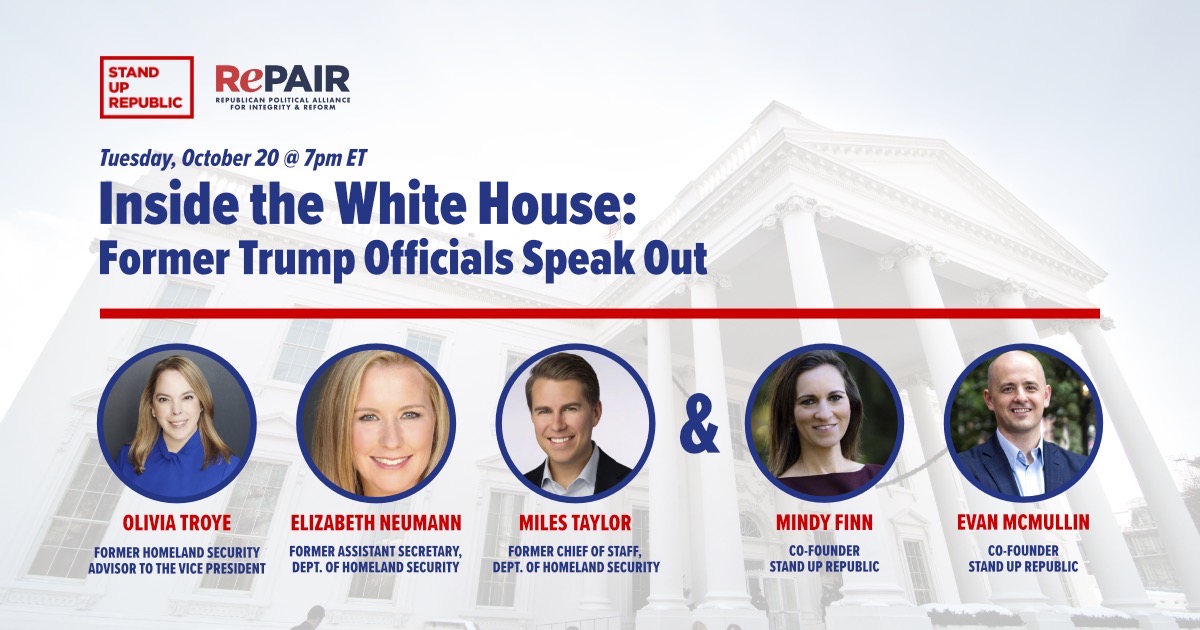 StandUpRepublic's tweet image. In less than 7 hours we’ll hear from with @OliviaTroye, @NeuSummits, &amp;amp; @MilesTaylorUSA as they speak out about the danger Trump poses to national security and American democracy. There’s still a few spots left to join us for this in-depth discussion. bit.ly/2GMpZdX