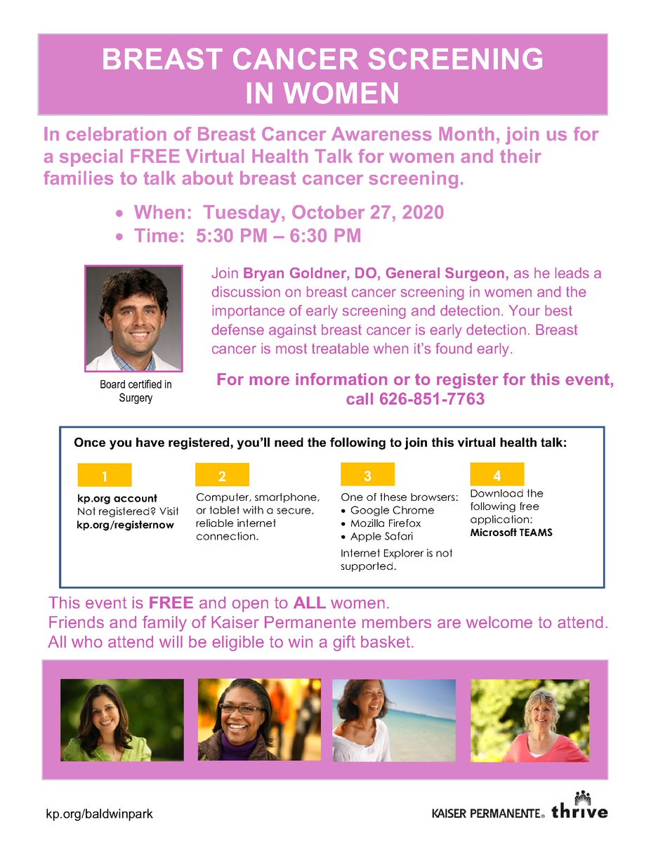 KPBaldwinPark's tweet photo. On Tuesday, October 27, @ 5:30 pm, KP Baldwin Park will host a FREE Virtual Breast Cancer Screening in Women Health Talk with Dr. Bryan Goldner. For more information or to RSVP, call 626-851-7763. #VirtualHealthTalk #Thrive https://t.co/RY6wARpgEP