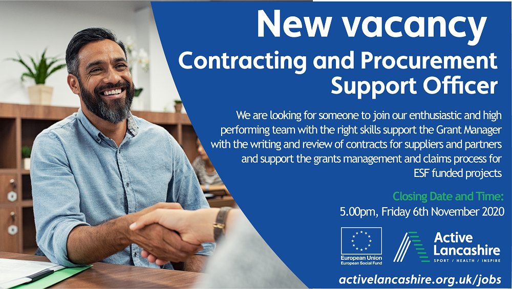 ActiveLancs's tweet photo. We're looking for a new Contracting &amp; Procurement Support Officer! #NowHiring 

The purpose of this role is to support the Grant Manager with the writing and review of contracts for suppliers and partners &amp; support the grants management.

Find out more ➡️ https://t.co/El7F1HAuuI https://t.co/yOpmiB0wUH