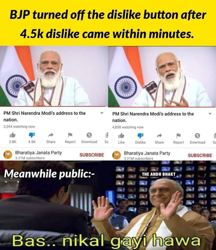 GauVartak's tweet image. BJP turned off the dislike button after 4.5k dislikes within one minute of #ModiAt6PM 

😊😊

#copied