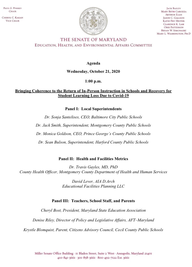 Next meeting of the MD Senate Education, Health &amp; Environmental Affairs Committee is Wed, Oct 21 at 1 pm about reopening schools and learning loss. Meeting agenda and video links are available on the Committee website: mgaleg.maryland.gov/mgawebsite/Com…