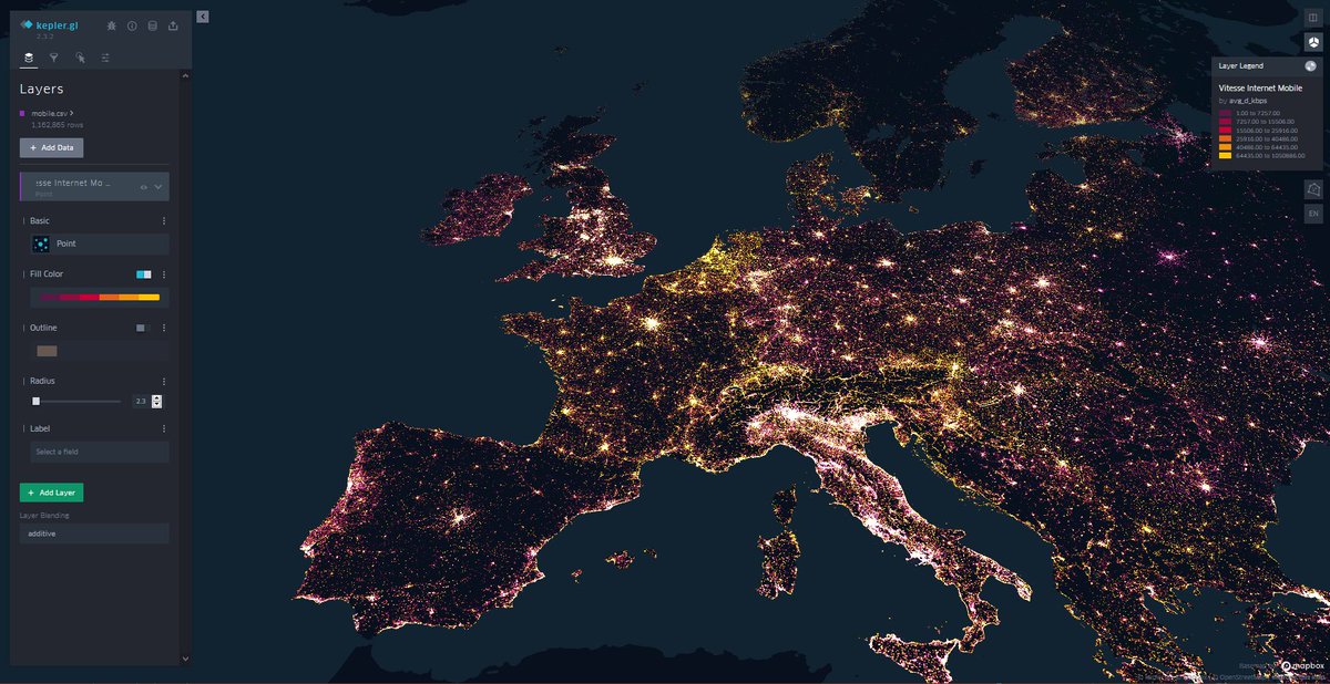 Exploration dans #KeplerGL d'un dataset très original, les vitesses de connexion d'internet fixe et mobile modélisées dans carroyage de 600mx600m <a href="/SpeedtestAwards/">SpeedtestAwards</a>

> Un gros jeux de données aux grosses potentialités ! 
speedtest.net/insights/blog/…

Merci à <a href="/tjukanov/">Topi Tjukanov</a>  pour le partage !