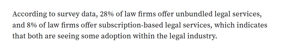 3/ Don't sleep on unbundling and subscriptions. Solving the affordability problem and expanding access are central to the future of legal services. Lawyers *must* figure this problem out and these two business models - with 28% and 8% adoption - will play a central role.