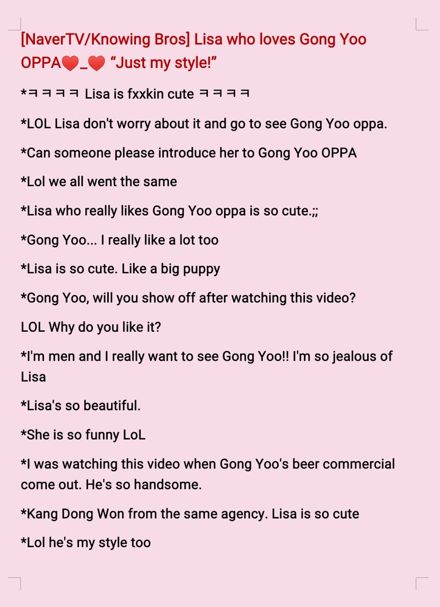 [NaverTV/Knowing Bros] Lisa who loves Gong Yoo OPPA_ “Just my style!”*I hope I can see Gong Yoo and Lisa on the same show.*Lisa's cute. I want her in my pocket*I envy Gong Yoo OPPA*Make her dream a reality pleaseDon't repost pls  #LISA  #리사  @BLACKPINK