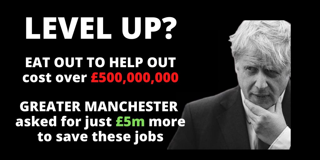 PhilMass3y's tweet photo. 6 weeks ago the government spent over £522 million asking us to go out and eat out, to save thousands of hospitality jobs. Today @MayorofGM asked this government for just £5 million more to save these same jobs, and many more. They REFUSED.
#BorisHasFailedTheNation https://t.co/v3kwnH5ZmO