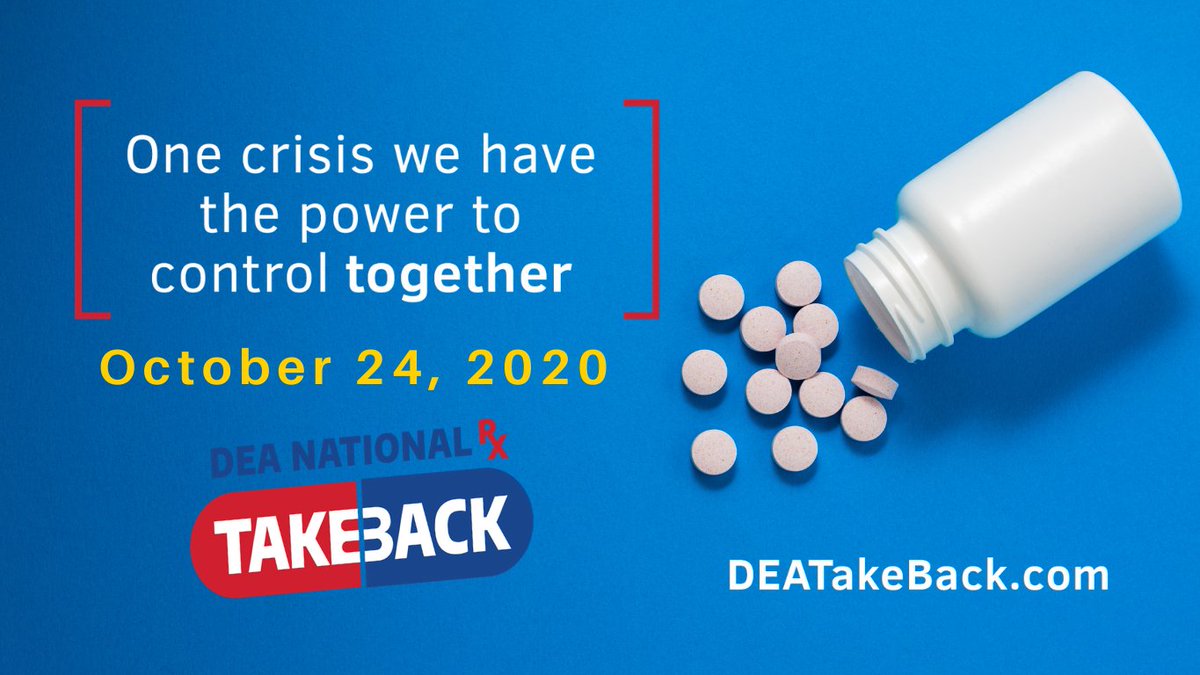 DEAHQ's tweet image. Help prevent drug addiction and overdose deaths on October 24 during #TakeBackDay. Clean out your medicine cabinet to safely and anonymously dispose of your unused or expired prescriptions. Learn more: deatakeback.com