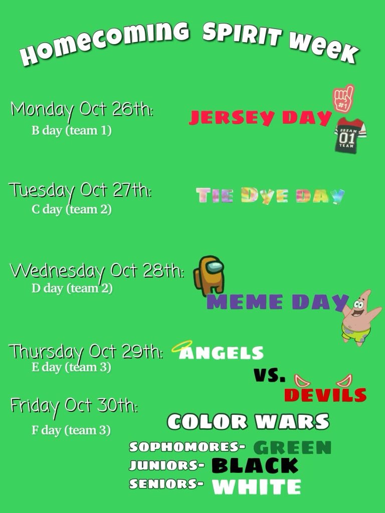 We are supper excited to announce our SPIRIT WEEK!! For the week of October 26th- 30th show your school spirit and dress up for each day, and don’t forget to dm your pics to us on the student council Instagram, @ebhsbearsc!! 🐻💚🐻💚🐻💚