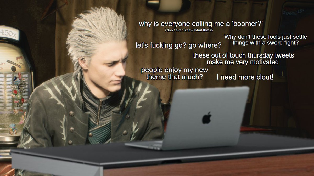 So I made the vergil-chair/dante-boomer meme into a desktop background  for my pc and I thought you guys may like it. Resolution isn't the best  since the original material wasn't high res