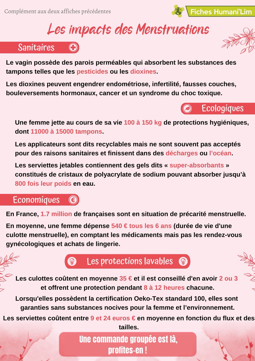 HumaniLim's tweet image. Bonjour tout le monde ! 🌍

On vous partage aujourd'hui la dernière affiche d'une série de 3 sur la précarité menstruelle ! 

Pour conclure cette série nous avons donc prévu pour vous une pré-commande de culottes et de serviettes menstruelles ! 🎁

forms.gle/8BBCUWemnvBPHL…
