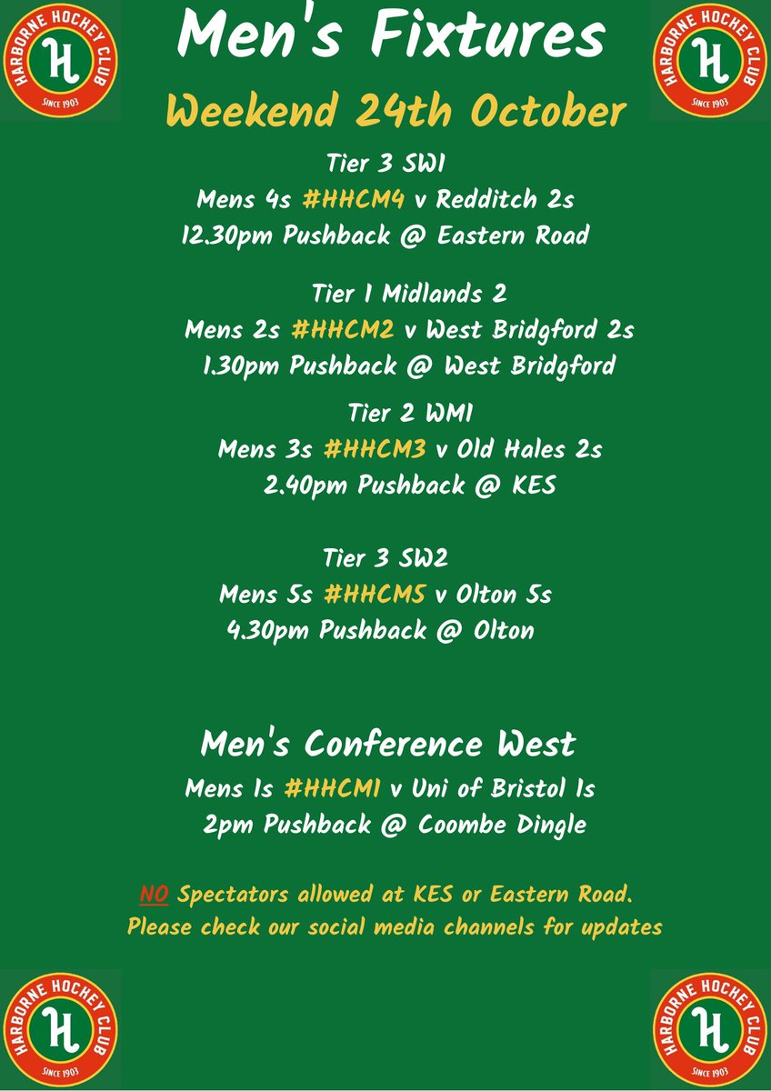 HarborneHC's tweet photo. Men's Fixtures this weekend. #BleedGreen #BorneGreen @Oltonwwhc @WBHockeyClub @OldHalesHockey @redditchhc @BristolHockey https://t.co/rzSk9nQ4QX