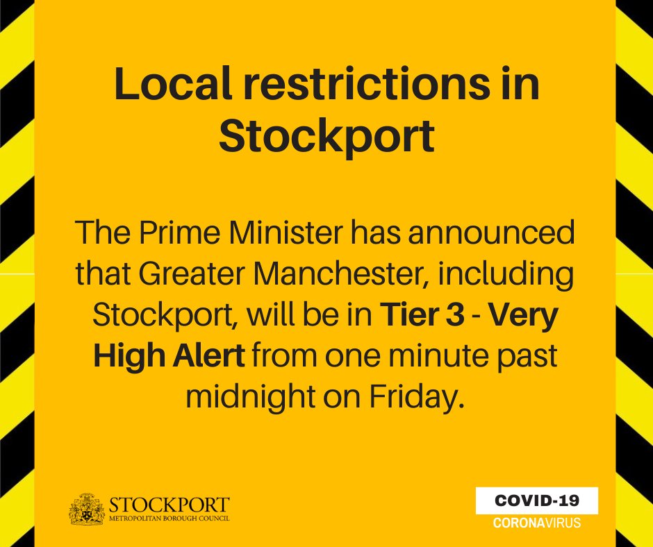 ⚠️ The Prime Minister has announced that Greater Manchester, including Stockport, will be in tier 3 from one minute past midnight on Friday. 

Find out what tier 3 - very high alert - means for you by visiting orlo.uk/HAeH2