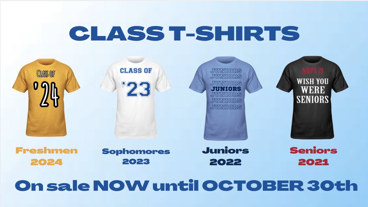 nbstugov's tweet photo. Students! Class t-shirts are on sale NOW! You can now order your shirts online, purchase with a credit/debit card, and get it shipped right to your door. Check out the full designs here : https://t.co/4vKTMHyq2G ( back ONLY shown below) 

Link to purchase: https://t.co/6i5D4klft1 https://t.co/Ba4zW9c1fA