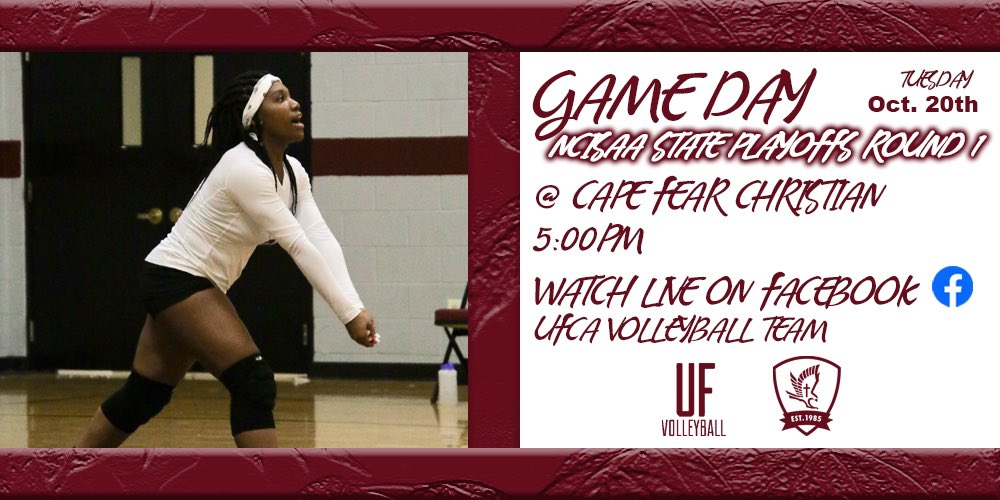 UFCA_Athletics's tweet photo. #GameDay
@NCISAA1 State Playoffs Round 1
@ Cape Fear Christian
5:00pm
*Stream Live on Facebook- UFCA Volleyball Team*
@UFCA_VBALL #UFFalcons #FaithWay https://t.co/A6uIpNqtVc