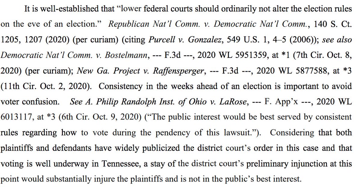Rare exception! 6th Cir. refused to overturn lower court order that put on hold Tenn law that would have required first-time voters who registered by mail or online to vote in person. Biggest problem: TN took too long to appeal & voting started. 15/ https://www.opn.ca6.uscourts.gov/opinions.pdf/20a0334p-06.pdf