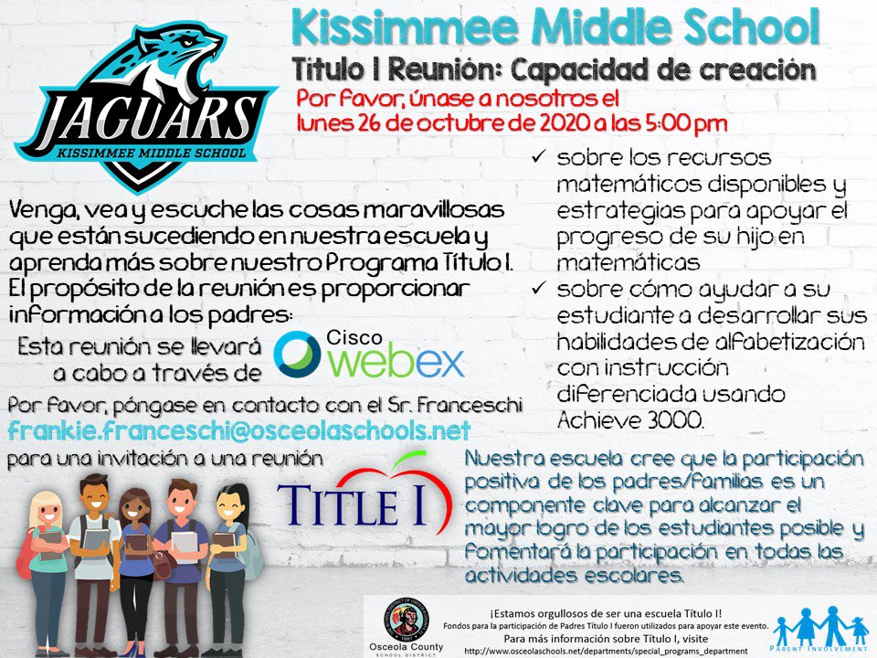Please join us for a Title I meeting this Monday October 26th @ 5:00 p.m.  The goal of this meeting to share resources and strategies to assist parents in supporting their students(s) in Reading and Math.