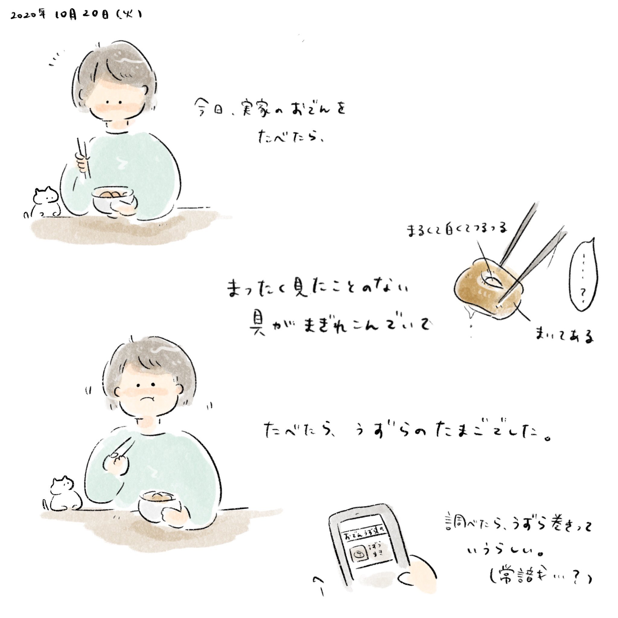 にも やることやってたらおそくなってしまったので 深夜更新 絵日記 イラスト お絵描き ゆるいイラスト おでん うずら巻き 猫 T Co Apwhwetjab Twitter