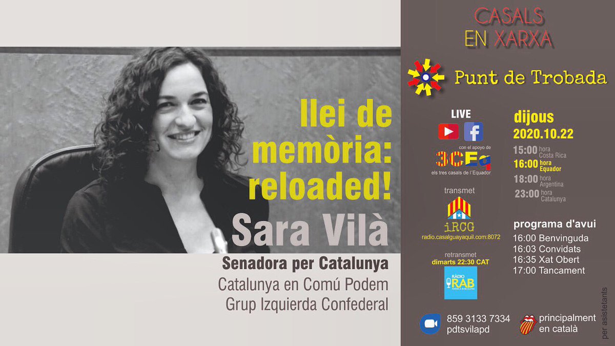 Casals en Xarxa presenta en Punt de Trobada a: Sara Vilà i la “llei de memòria: reloaded”.
Sara Vilà, senadora per Catalunya - Catalunya en comú Podem
📍dijous 22
📍16:00 (ECU)
📍sintonitza els nostres canals a Youtube i FB