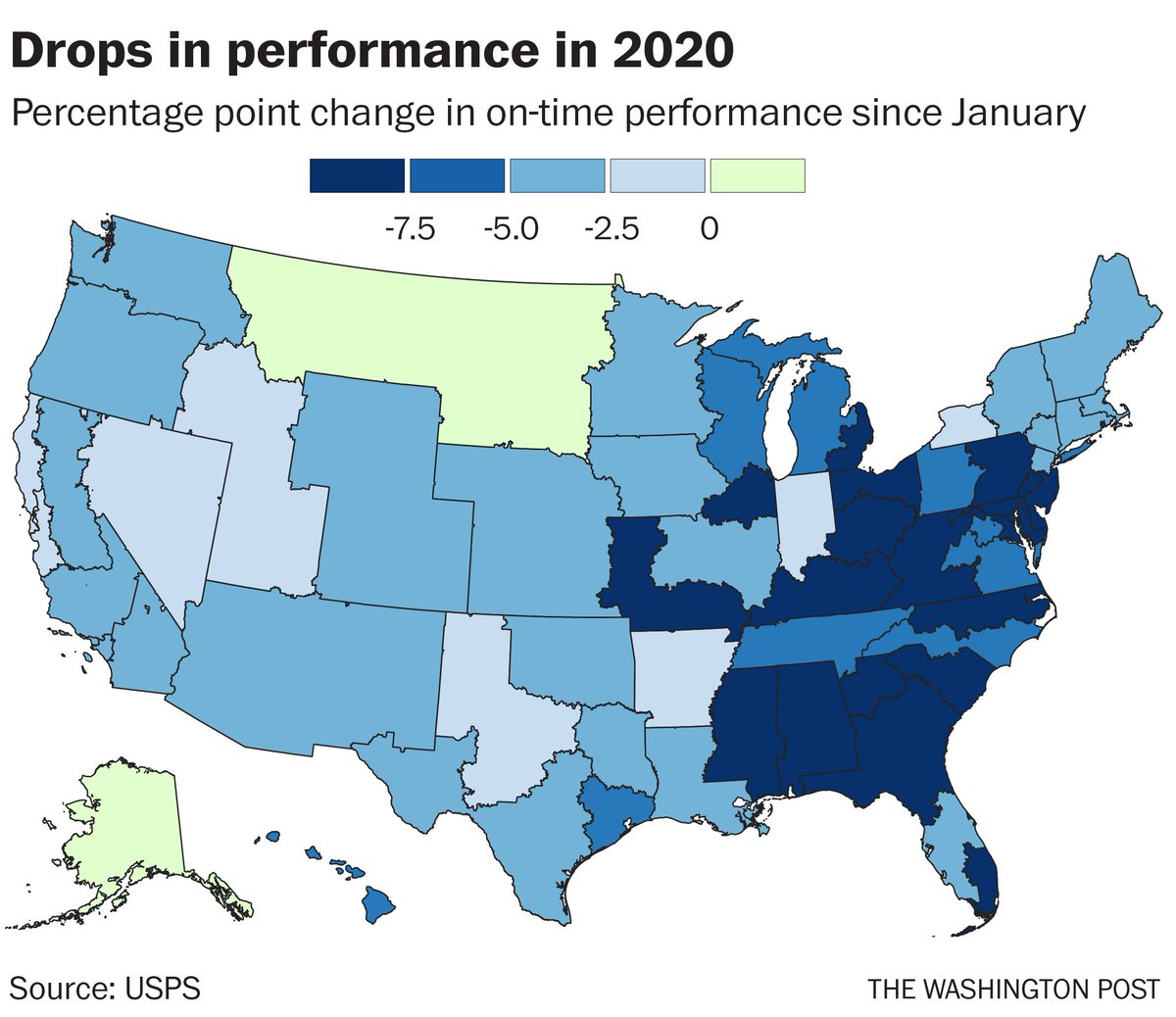 Here's a map showing the drop in on-time service since Jan. Note that battleground areas in PA, MI, WI, FL, OH and NC have seen some of the steepest declines.  https://www.washingtonpost.com/business/2020/10/20/swing-states-election-usps/