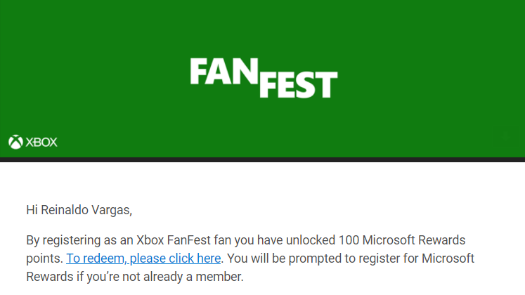 rein4ldovargas's tweet photo. Para todos que se inscreveram na #FanFest2020, não esqueçam de verificarem seus e-mails, pois os inscritos estão recebendo 100 pontos do #MicrosoftRewards. Mas ATENÇÃO! É necessário resgatar, pois esses pontos não são automaticamente computados em sua conta do Rewards... 😉👍 https://t.co/GFi7M3f81E