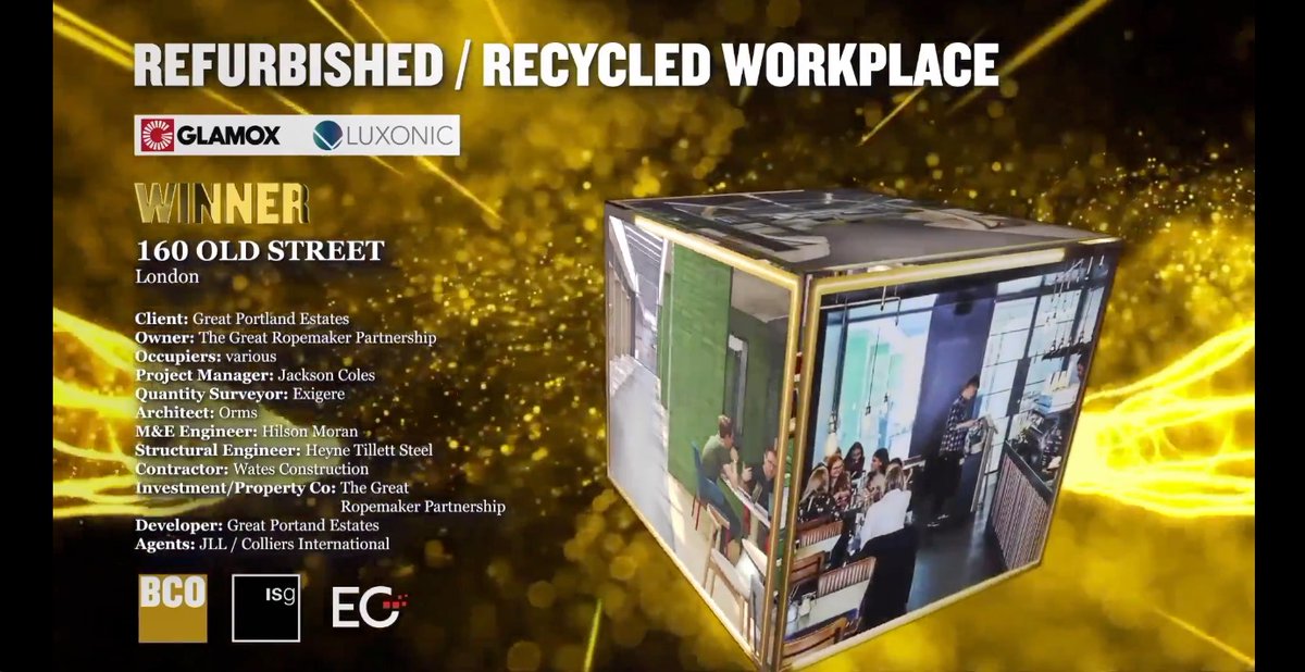 'Our award winner is an exceptional workspace crafted with vision and innovation.'

Very well done to 160 Old Street, London, winners of the Refurbished / Recycled workplace category! 
#bcoawards #bcovirtualawards