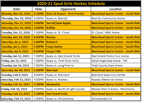 2020-21 Spud Girls Hockey Schedule #OnwardMoorhead