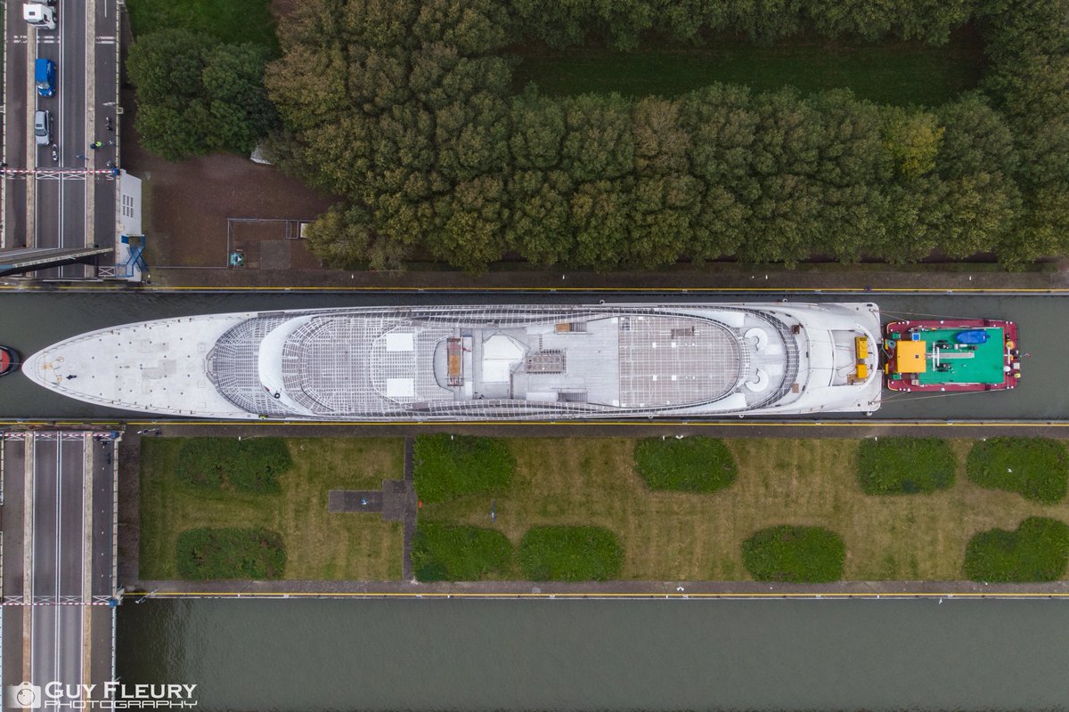 Dutchyachting's tweet photo. #Feadship’s 118m/ 387’2” #Project1010 is seeing here while passing the #Houtrib #locks in #Lelystad. Guy took some beautiful shots of her. Photos by GuyFleury Photography. https://t.co/Z3wwySkw7A