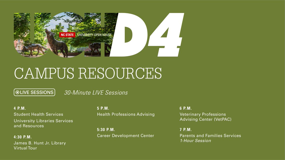 applyncstate's tweet photo. Day 4 of #NCStateOpenHouse is your chance to learn about the resources that help @NCState students succeed 🏆  Join us for live sessions beginning at 4 p.m. EDT!

There's still time to register and join the fun! ➡️ https://t.co/oAoWYCgGYg https://t.co/K2l07crMnw