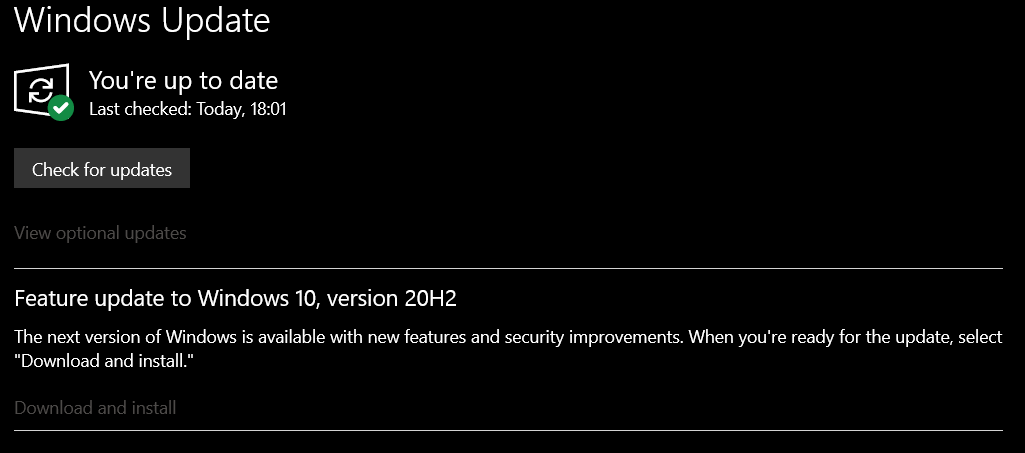 tomwarren's tweet image. you will see this notification in Windows Update if the Windows 10 October 2020 Update is available for your PC today theverge.com/2020/10/20/215…
