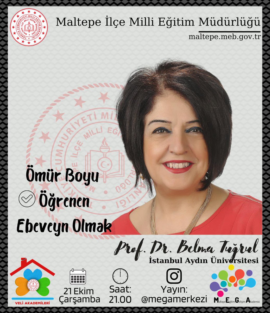 📢@veliakademileri Instagram Canlı Yayını
🗓 21 Ekim Çarşamba(yarın)
🕕21.00
⭐️Prof. Dr. Belma Tuğrul 
📚Ömür Boyu Öğrenen Ebeveyn Olmak
🎥 <a href="/megamerkezi/">M.E.G.A.</a>
🏘Tüm velilerimizi bekliyoruz.
#veliakademileri 
<a href="/memleventyazici/">Levent Yazıcı</a>
@mustafauslu64 
<a href="/istanbulilmem/">İstanbul İl Millî Eğitim Müdürlüğü</a> 
@h_aydogdumeb
<a href="/BelmaTugrul/">Belma Tugrul. Prof. Dr</a>