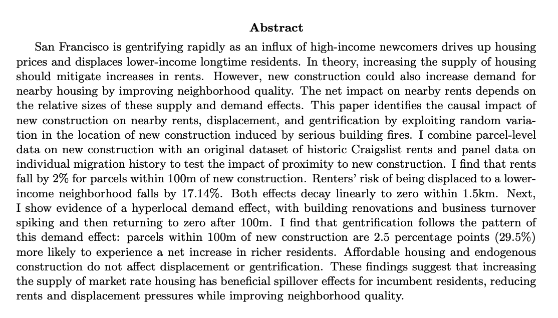 Kate PenningtonJMP: "Does Building New Housing Cause Displacement?: The Supply and Demand Effects of Construction in San Francisco"Website:  https://www.katepennington.org/ 