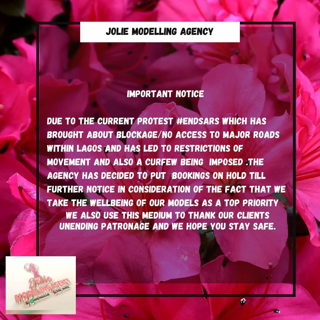 JolieModels's tweet photo. We urge everyone to stay safe
#EndSARS 
#EndBadGoveranceInNigeria 
#endswattraining 
#EndPoliceBrutalityinNigera 
#StaySafe 
#stayathome https://t.co/QXqYZZbeRn