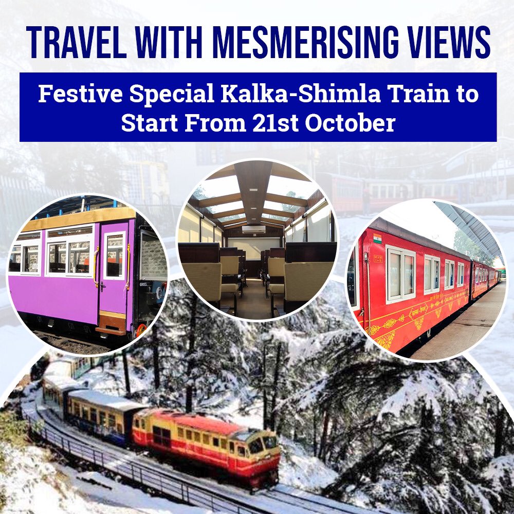 The festival special train between Kalka and Shimla will start operations from 21st October.
This will enhance ease of movement and provide a big boost to the tourism & hospitality sector.
Take all the necessary precautions while travelling for a safe & happy journey. https://t.co/GAxBLCtXLo