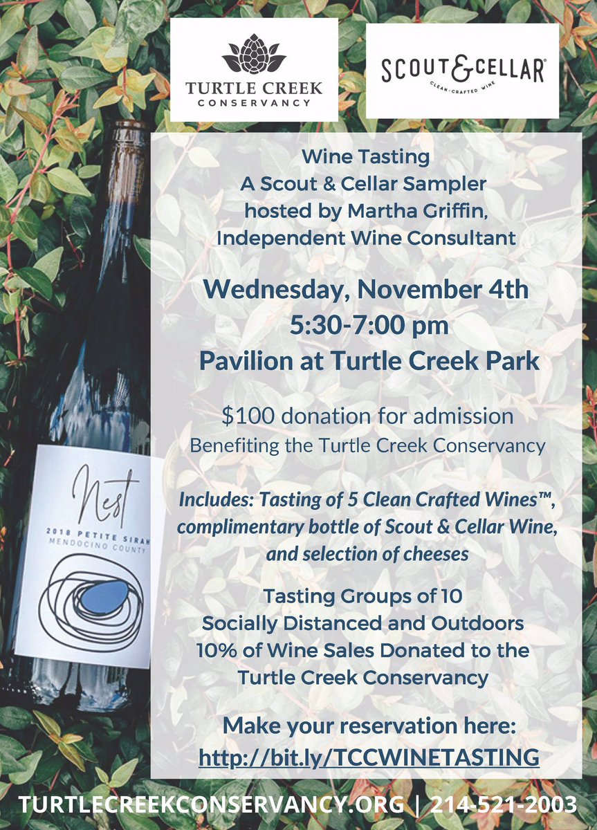 TurtleCreekPrk's tweet photo. Have you ever tried Clean Crafted Wines™? Join us on November 4th from 5:30-7:00 pm for a wine tasting with Scout &amp; Cellar and Martha Griffin, Independent Wine Consultant. 

$100 donation for admission. Space is limited! Make your reservation here: https://t.co/ApQeJMwf6V https://t.co/J4GTgNowc2